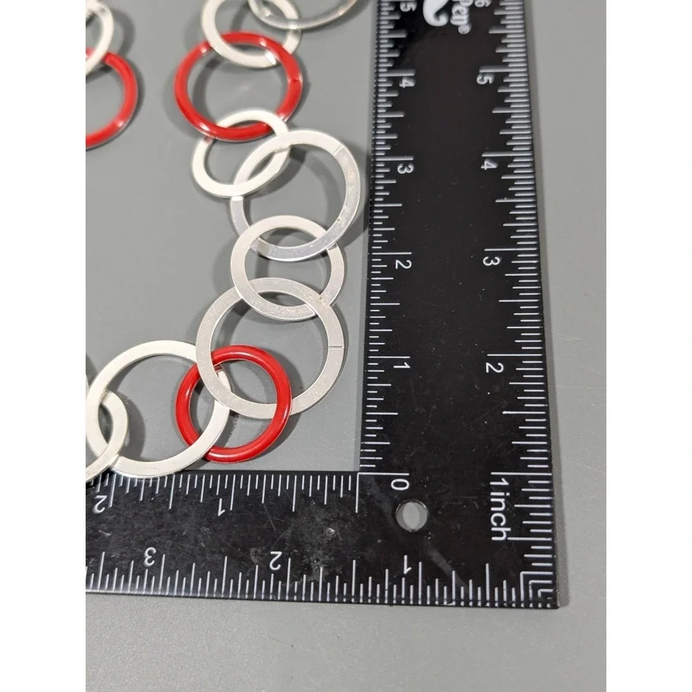 Modernist Silver Tone Red Round Chain Link Long‎ Necklace Statement 32